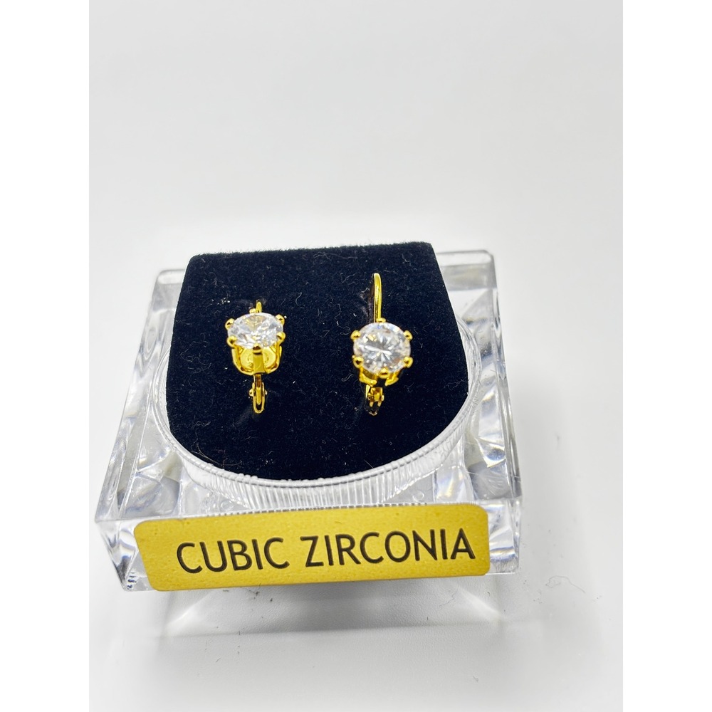 Gold Tone Cubic Zirconia Leverback Earrings Round Solitaire Clear Stone Drop